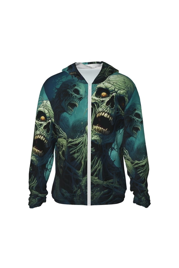 Women Men Sun Protection Hoodie Jacket Zip Long Sleeve Shirt Hiking Outdoor , Zombie Skull Art
