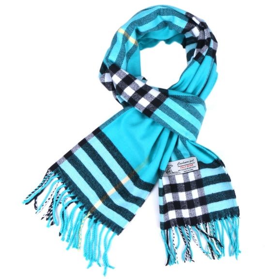 Women Men Turquoise Check Plaid Scarves Warm Soft Scarf with Fringes