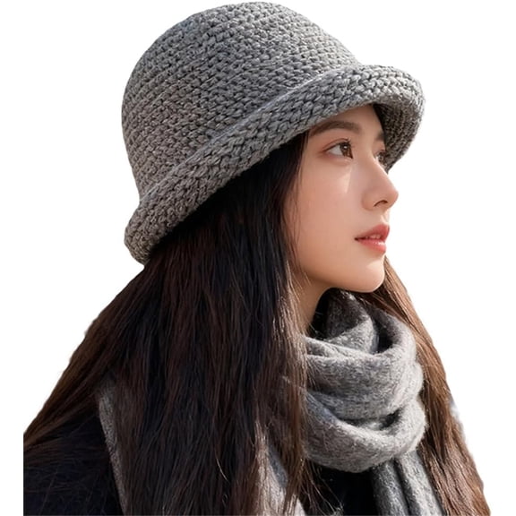 Women Men Vintage Knitted Bowler Bucket Hats Soft Round Brim Cloche Hat Winter Warm Crochet Cap
