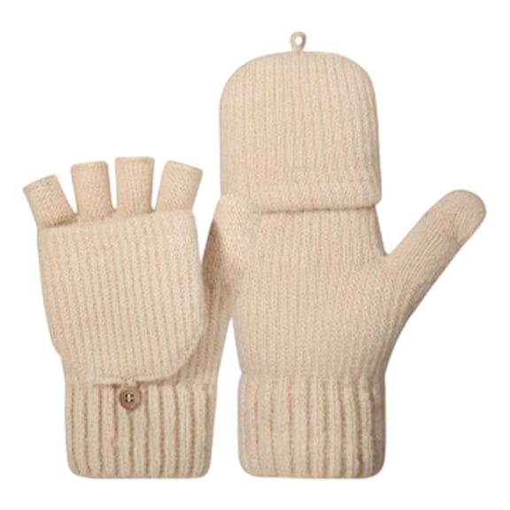 Women and Men Warm Open and Full Finger Gloves, Convertible Winter Gloves - Flip Top, Fingerless to Full Finger for Typing & Texting, Ribbed Cuff, One Size Fits All, 1Pair(Beige,7.1x3.1")