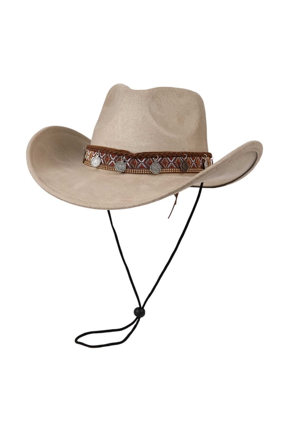 Women Men Western Cowboy Hat Faux Suede Wide Brim with Concho Beaded Band Beige Unisex Adjustable,Size M