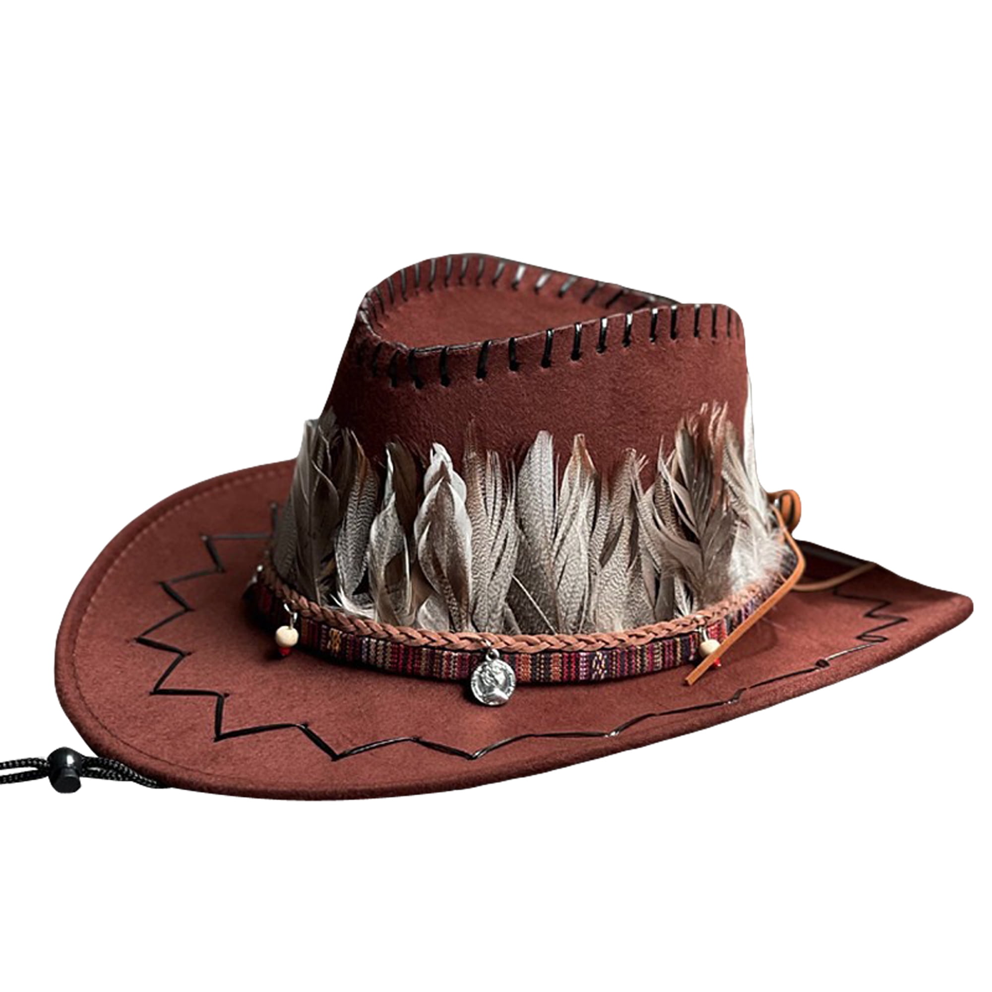 Youweixiong Women Men Western Cowboy Hat Retro Feather Fedora Hat for Hiking Rave Party Travel Costume Accessories, Adult Unisex, Size: One size