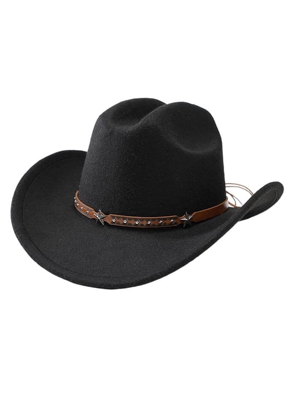 Women Men Western Cowboy Hat, Wide Brim Panama Jazz Fedora Hat with Star Studded Leather Band & Adjustable Drawstring, Vintage Retro Hat for Country Concert Ranch Beach Travel Outdoor Accessory