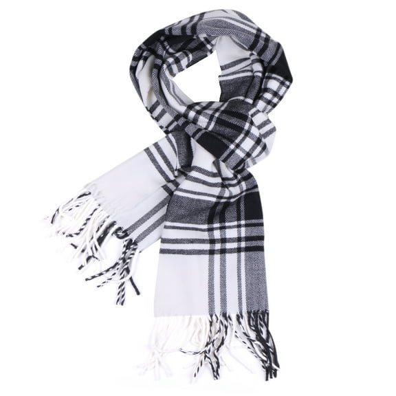 Women Men White Tartan Plaid Scarves Classic Warm Soft Scarf with Fringes
