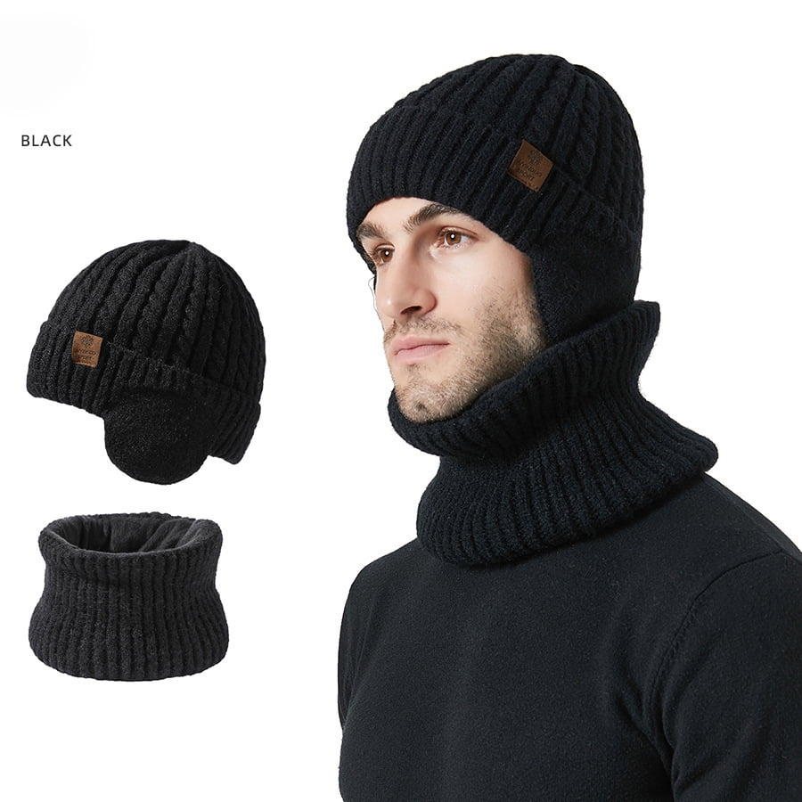 Women Men Winter Beanie Hats, Two Pieces Fleece Lined Knit Balaclavas Mask Set, Unisex Skull Neck Circle Scarf Ski Snow Hat