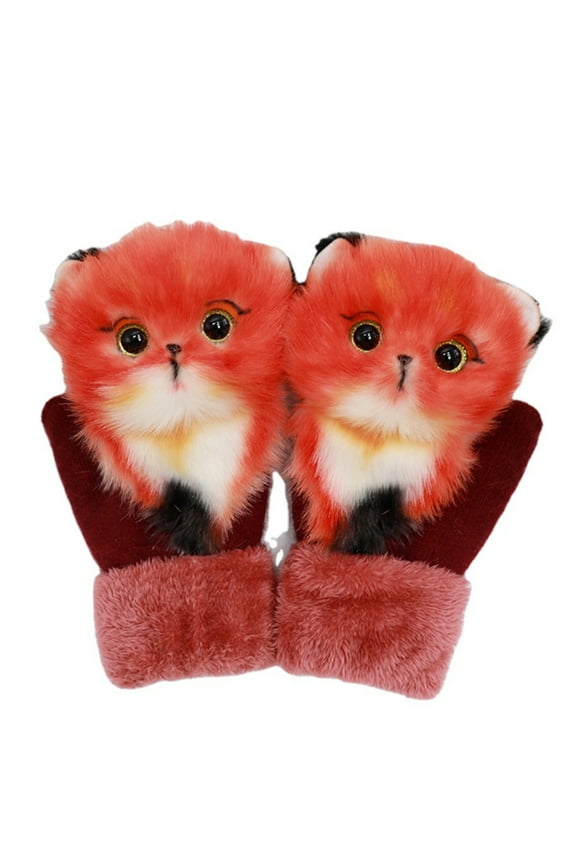Women Men Winter Knitted Gloves Cute 3D Fluffy Cartoon Animal Thermal Mittens