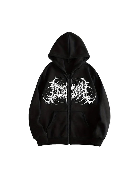 Women Men Y2K Zip Up Hoodie Gothic Graphic Grunge Alt Oversized Hooded Sweatshirt Outwear Punk Streetwear