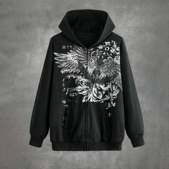 Women Men Zip Up Hoodie Y2k Gothic Graphic Oversized Sweatshirt Jacket (Black L)
