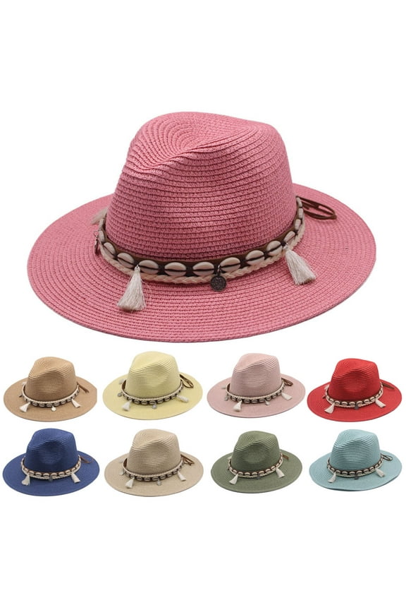 Women Men’s Cowboy Hat Western Summer Straw Hat for Girls with Wide Brim & Shell Tassels Trendy Lady Beach Sun Hats