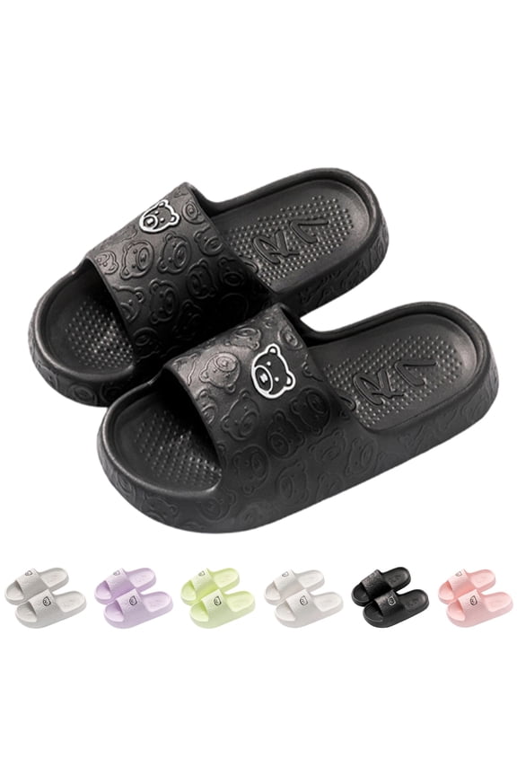 Women & Menâs Shower Slippers Cute Bear Pattern Slide Slippers, Indoor Non- EVA Sole, Bathroom House Shoes Beach Sandals(Black,7-8)