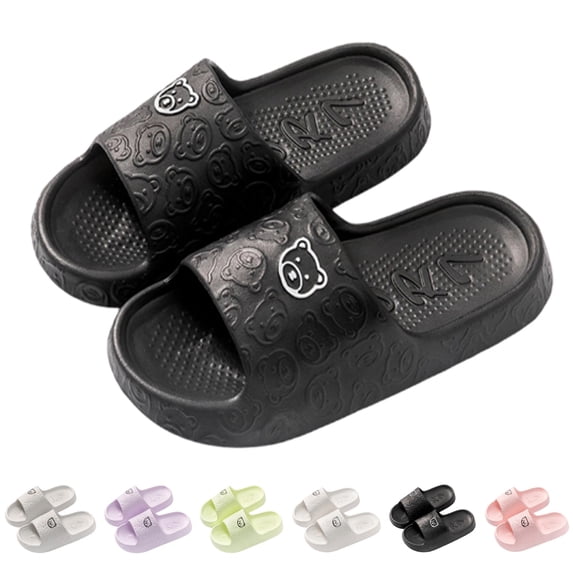 Women & Menâs Shower Slippers Cute Bear Pattern Slide Slippers, Indoor Non- EVA Sole, Bathroom House Shoes Beach Sandals(Black,8-9)