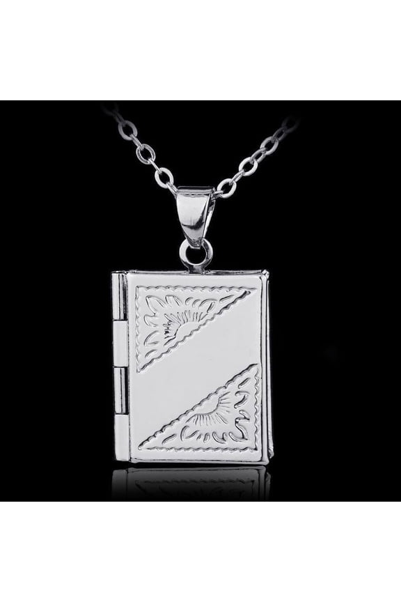 Women Men's Silver Book Photo Locket Square Box Pendant Necklace Chain