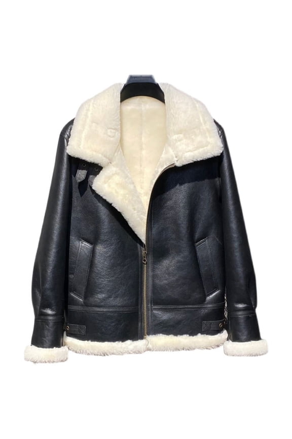 Women and Men's Winter Fashion Coat Pilot Biker Mortorcyclist Jacket Genuine Leather Sheepskin Shearling Black and White Wool Liner Plus Size for over 110kgs,Black,50