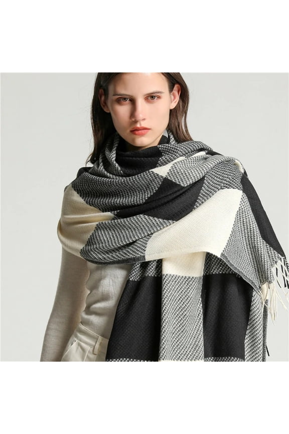 WomenMens Fall Winter Scarf, 2-Pack Long Scarves with Tassel, Black Grey White Grid,2Pcs