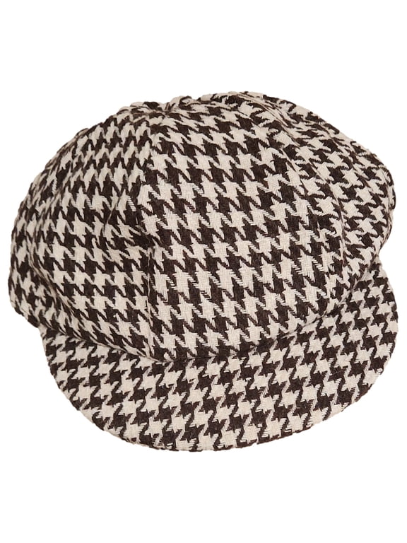 Womens Brown Houndstooth Newsboy Hat Cap