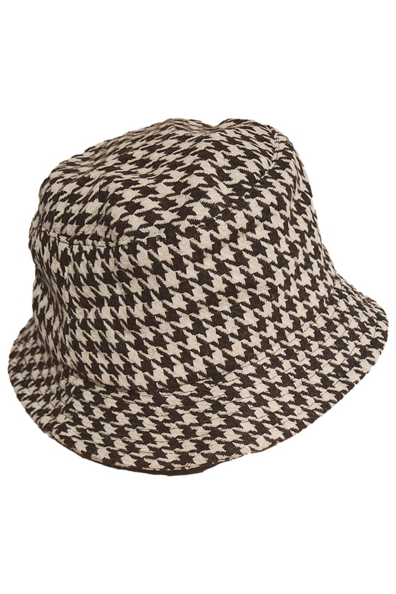 Womens Brown & Beige Houndstooth Bucket Hat Cap