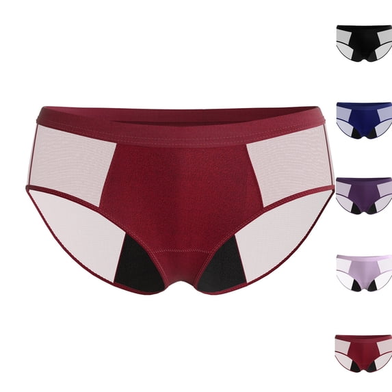 Women Menstrual Period Briefs Mesh Panel High Absorbency Leak Resistant Flexible Stretch Daily Wear Underwear Wine L