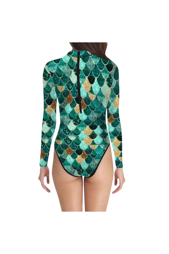 Women Mermaid One Piece Swimsuit Long Sleeve Rash Guard Bathing Suit UPF 50+
