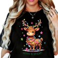 thumbnail image 1 of Women Merry Bright Reindeer Graphic Breathable T Shirt Cotton Short Sleeve Round Neck Top Black S-5XL, 1 of 5