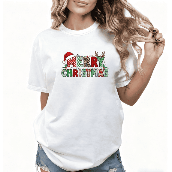 Women Merry Christmas Colorful Letter Tee T-Shirt Top Letter Print Top Short Sleeve Round Neck White S-5XL