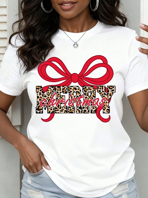 Women Merry Christmas Leopard Print Bow Graphic Tee Casual Holiday Short Sleeve Top