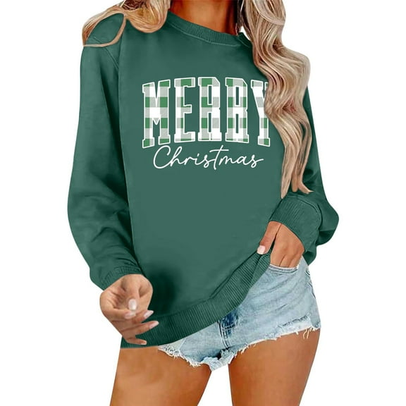 Women Merry Christmas Sweatshirts Plaid Letter Print Crewneck Tunic Tops Long Sleeve Xmas Holiday Party Pullover