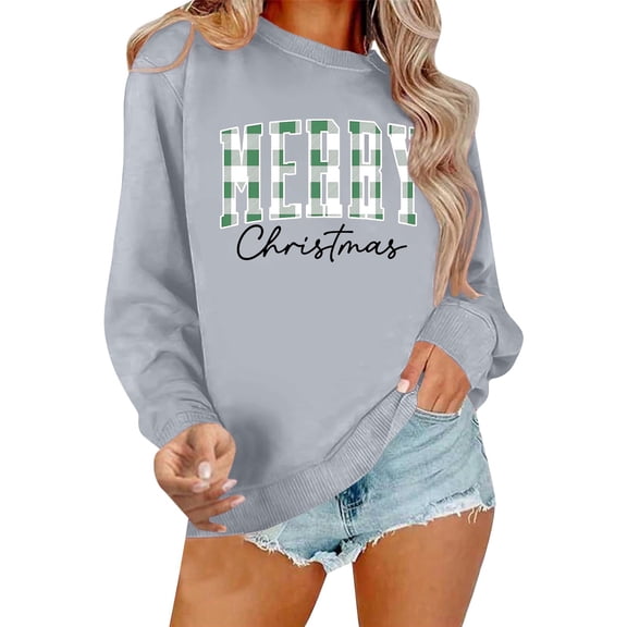 Women Merry Christmas Sweatshirts Plaid Letter Print Crewneck Tunic Tops Long Sleeve Xmas Holiday Party Pullover