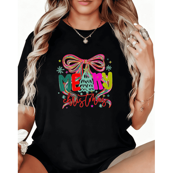 Women Merry Christmas Tree Graphic Tee T-Shirt Colorful Bow Print Top Comfortable Short Sleeve Round Neck Black S-5XL