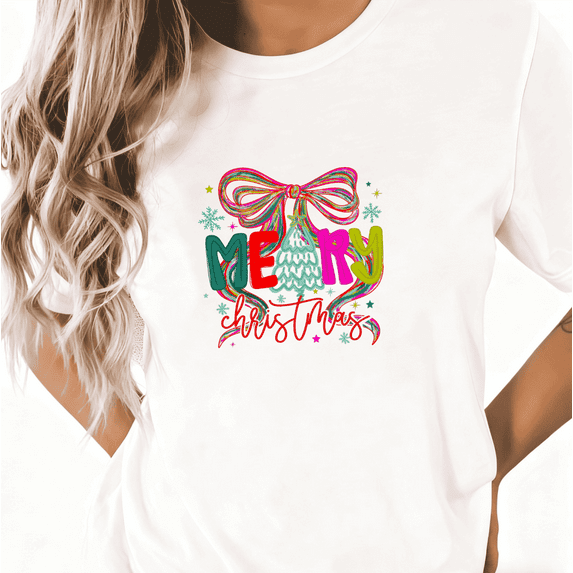 Women Merry Christmas Tree Graphic Tee T-Shirt Colorful Bow Print Top Commuting Short Sleeve Round Neck White S-5XL