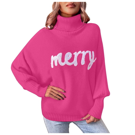 Women Merry Sweaters Turtleneck Long Sleeve Letter Print Loose Knitted Pullover Merry Christmas Sweater