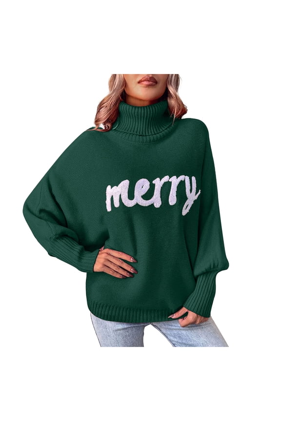 Women Merry Sweaters Turtleneck Long Sleeve Letter Print Loose Knitted Pullover Merry Christmas Sweater