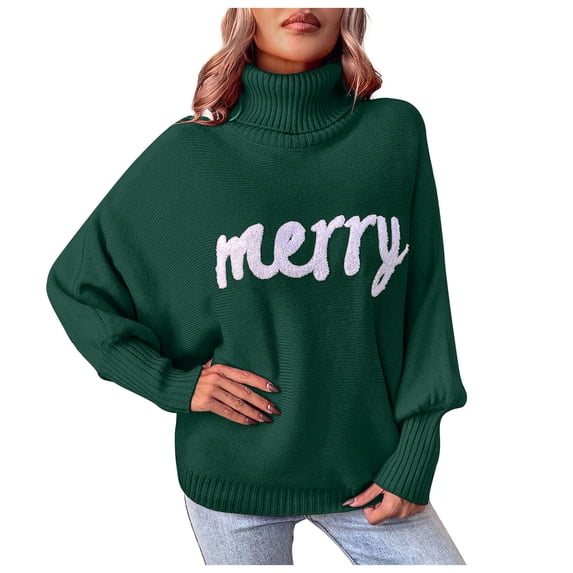 Women Merry Sweaters Turtleneck Long Sleeve Letter Print Loose Knitted Pullover Merry Christmas Sweater