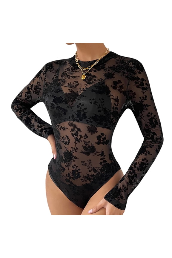 Women Mesh Bodysuit Long Sleeve Sheer Stretchy Leotard Top See Through Skinny Body Suit Turtleneck Black Print Snap Crotch Jumpsuit Romper Tops Streetwear Clubwear for Valentine's Day