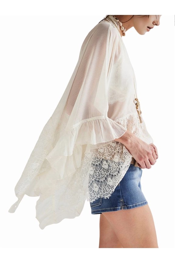 Women Mesh Cover Ups Lace See Through V Neck Loose Fit Sheer Top Solid Color Going Out Shirts White M
