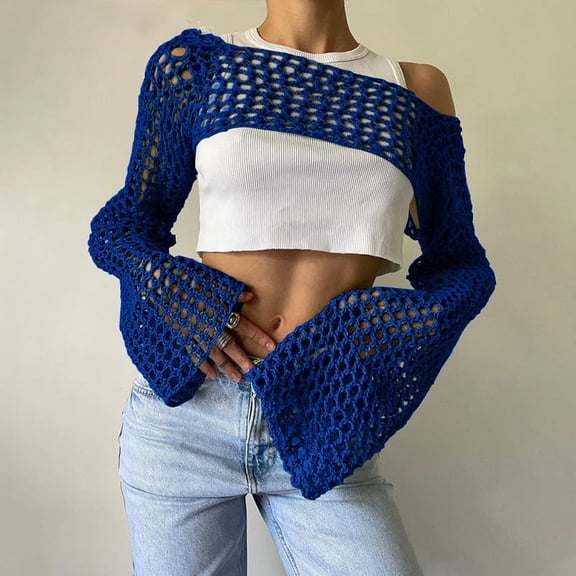 Women Mesh Crochet Crop Top Long Sleeve Hollow Out Cropped Knit Sweater Bikini Beach See Through Cover Ups