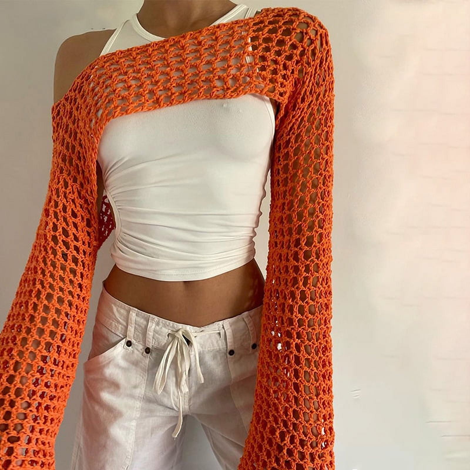 orange mesh long sleeve crop top