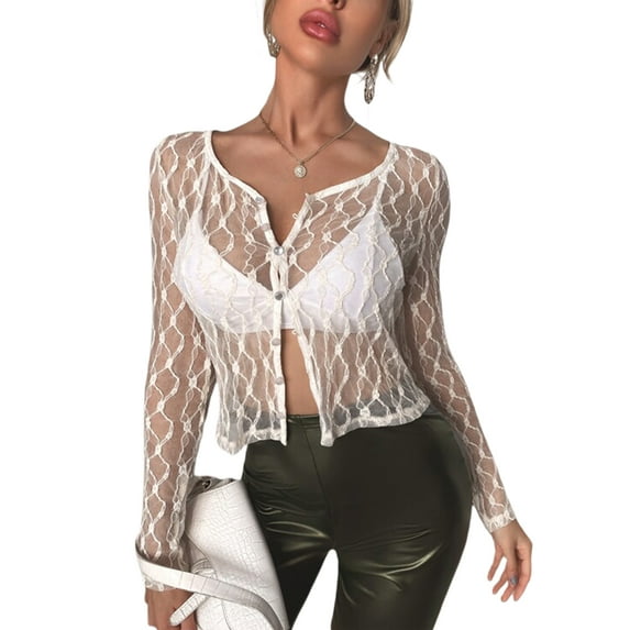 Women Mesh Crop Top Long Sleeve Cardigan See Through Shirt Sheer Cover Up Blouse Sexy Summer Streetwear