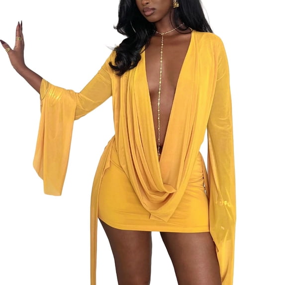 Women Mesh Deep V Draped Bodycon Mini Dress Flare Sleeve Party Clubwear Outfit