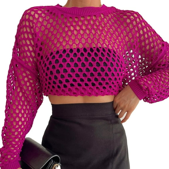 Women Mesh Fishnet Crop Tops Long Sleeve Crew Neck Sexy Hollow Out Loose Shirts