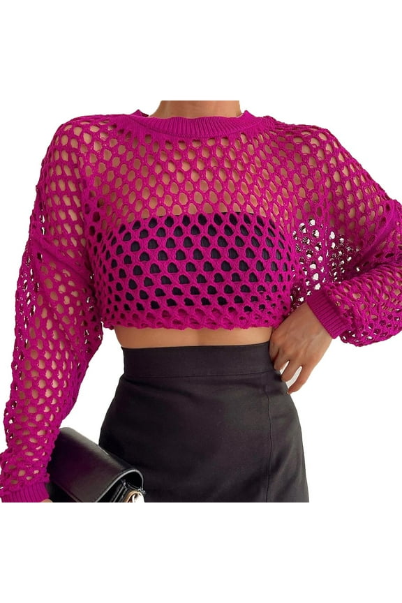 Women Mesh Fishnet Crop Tops Long Sleeve Crew Neck Sexy Hollow Out Loose Shirts