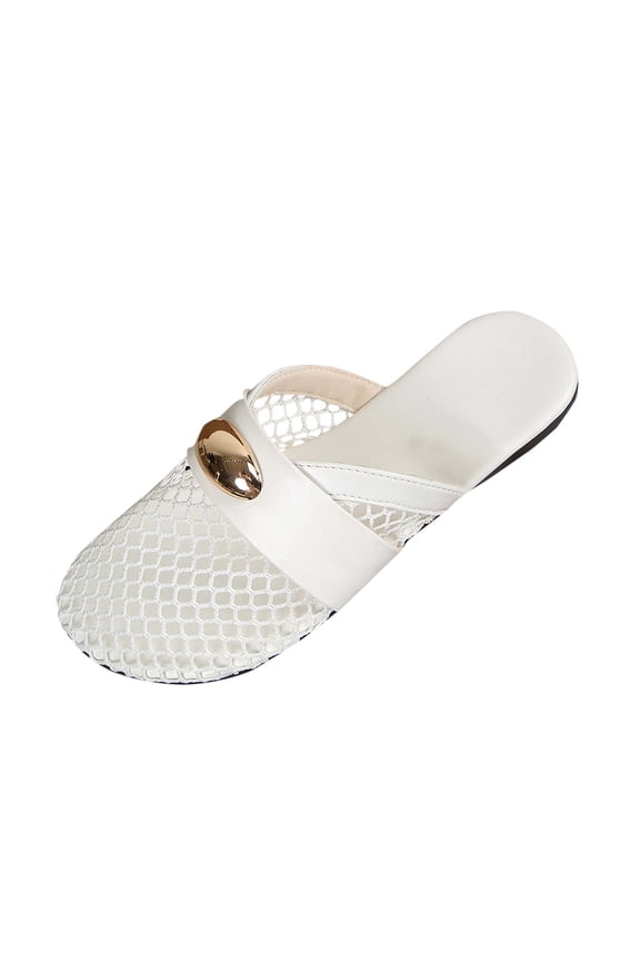 Women Mesh Flats Buckle Strap Round Toe Comfy Causal Ballet Flats Fashion Mary Jane Fishnet Ballerina Flat Shoes White Women Sandal