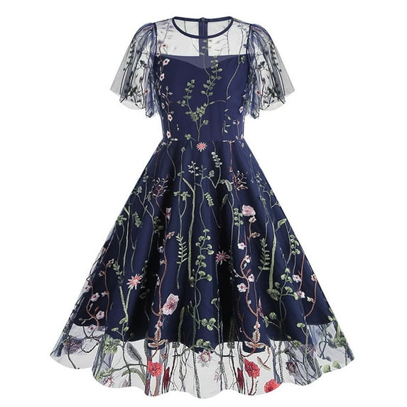 Women Mesh Floral Embroidery Dress Vintage Cocktail Swing Ruffle Sleeve Dresses Wedding Party Prom Tulle Evening Dress