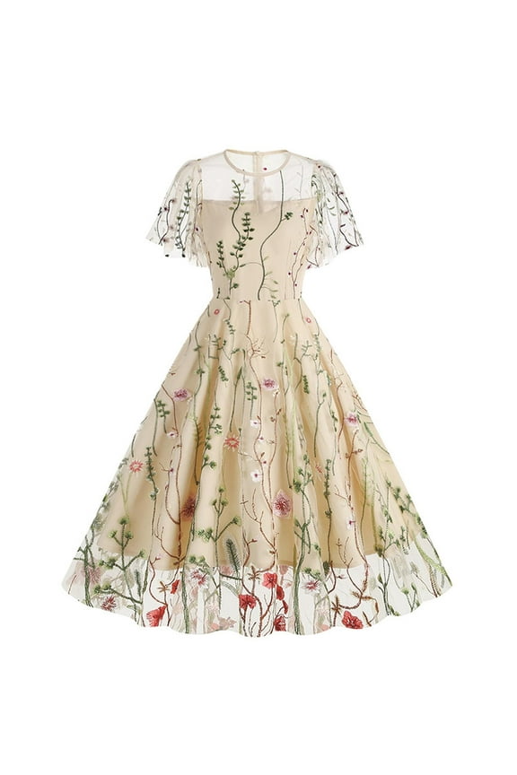 Women Mesh Floral Embroidery Dress Vintage Cocktail Swing Ruffle Sleeve Dresses Wedding Party Prom Tulle Evening Dress