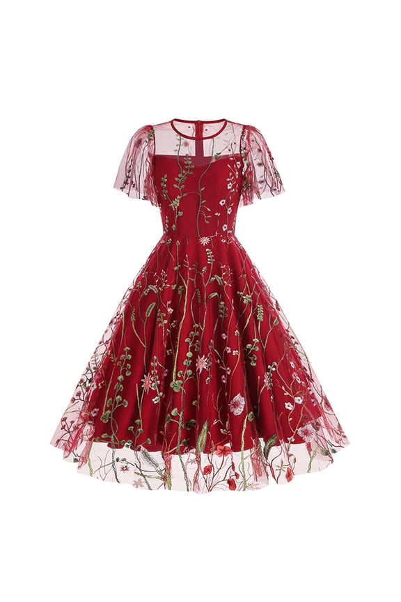 Women Mesh Floral Embroidery Dress Vintage Cocktail Swing Ruffle Sleeve Dresses Wedding Party Prom Tulle Evening Dress