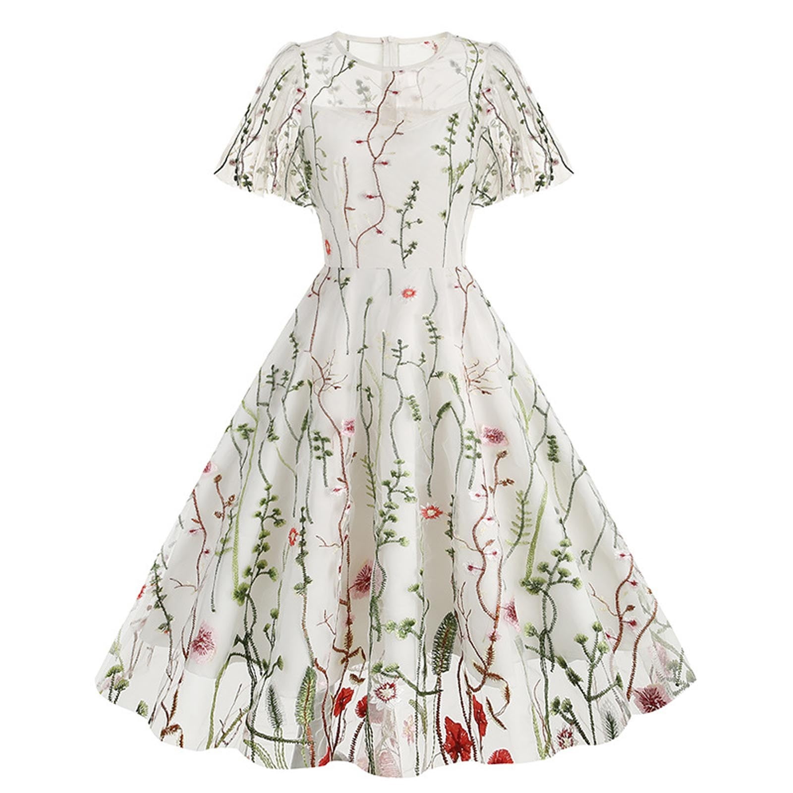 Women Mesh Floral Embroidery Dress Vintage Cocktail Swing Ruffle Sleeve Dresses Wedding Party Prom Tulle Evening Dress - Walmart.com Women Mesh Floral Embroidery Dress Vintage Cocktail Swing Ruffle Sleeve Dresses Wedding Party Prom Tulle Evening Dress - Walmart.com