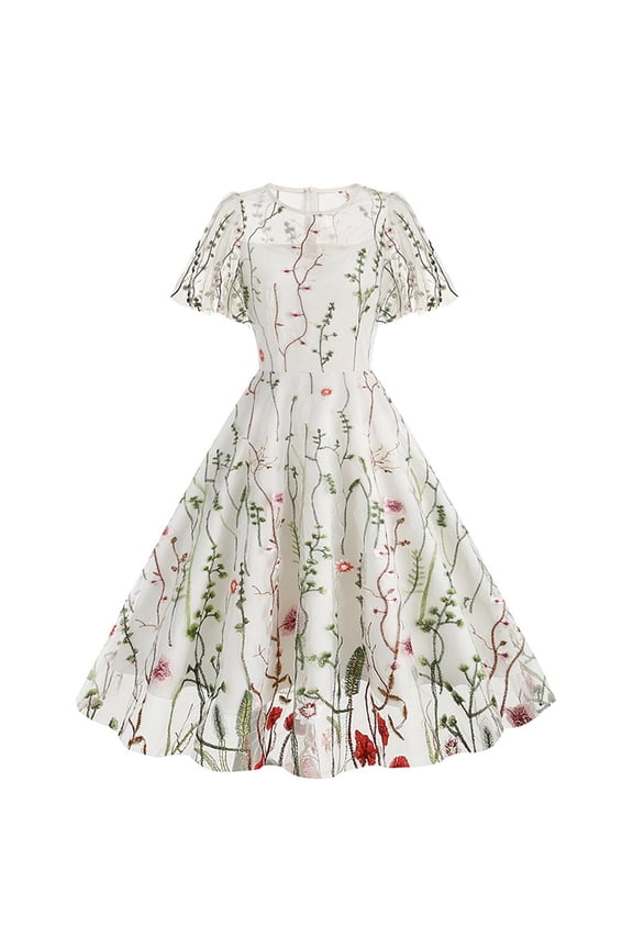 Women Mesh Floral Embroidery Dress Vintage Cocktail Swing Ruffle Sleeve Dresses Wedding Party Prom Tulle Evening Dress