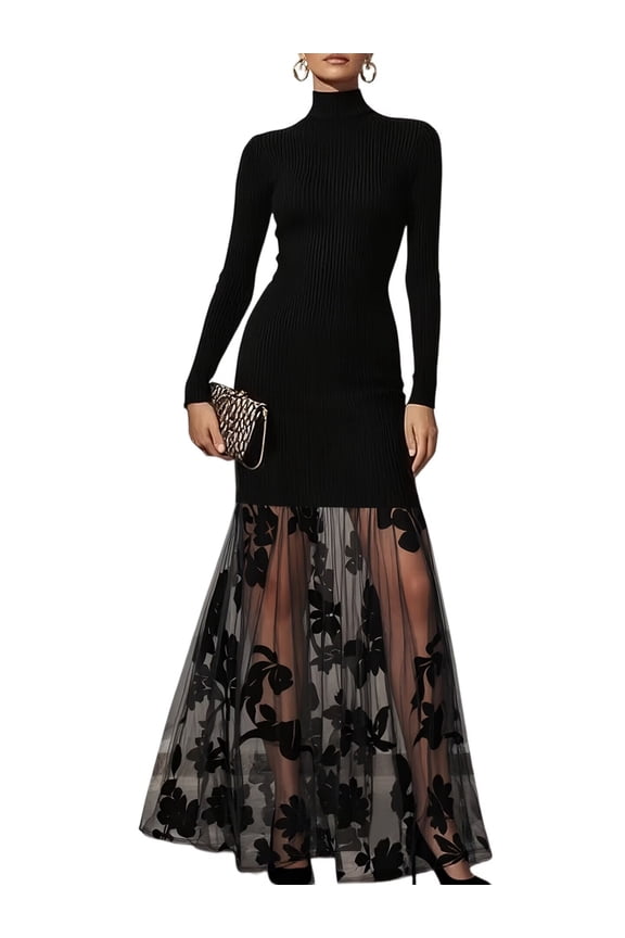 Women Mesh Floral Knit Long-Sleeve Slim-Fit Paneled Mesh Dress