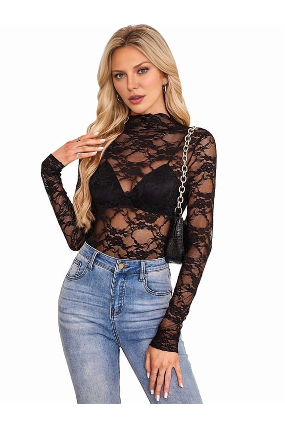 Women Mesh Floral Lace Long Sleeve Tops See Through Layering Undershirt Blouse Crew Neck Sheer Casual Shirts Black M