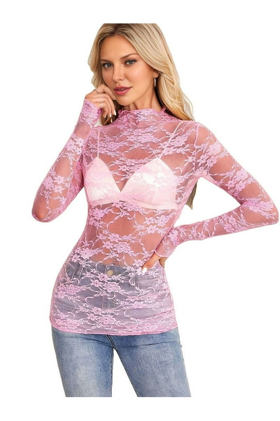 Women Mesh Floral Lace Long Sleeve Tops See Through Layering Undershirt Blouse Crew Neck Sheer Casual Shirts Pink L