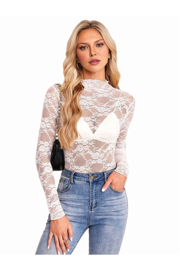 Women Mesh Floral Lace Long Sleeve Tops See Through Layering Undershirt Blouse Crew Neck Sheer Casual Shirts White M